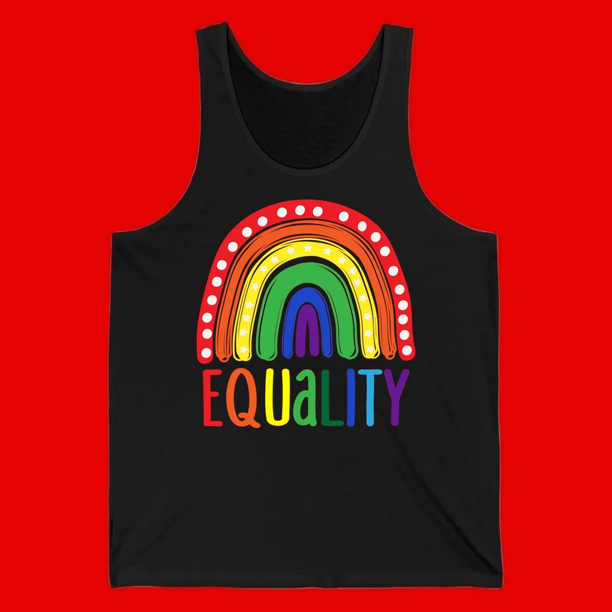 Concentric rainbow arcs in pride colors with white polka dots and stars, featuring 'EQUALITY' text in multicolored letters below