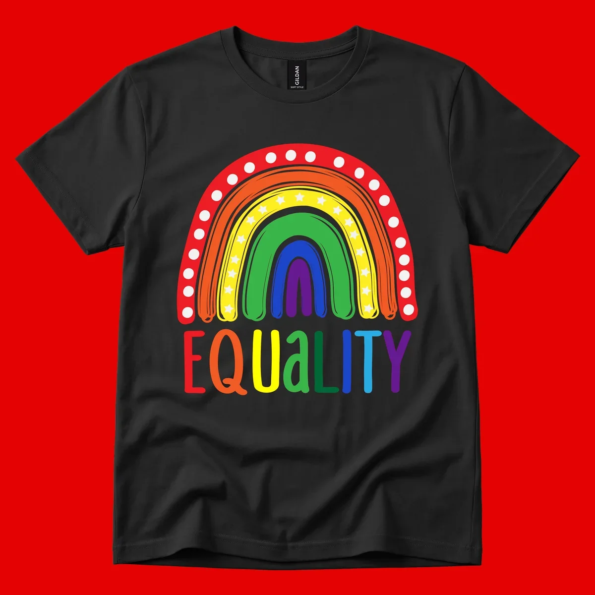 Concentric rainbow arcs in pride colors with white polka dots and stars, featuring 'EQUALITY' text in multicolored letters below