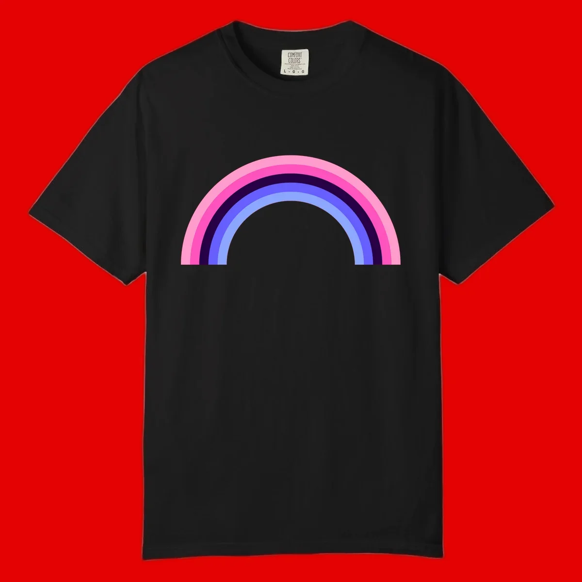 Pastel rainbow arc with five concentric colored stripes in pink, navy, blue and light blue on gray background