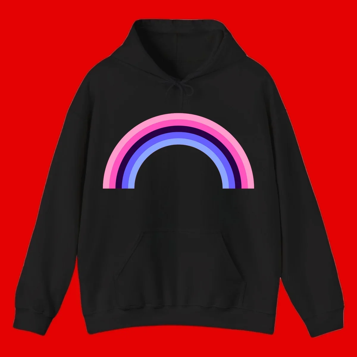 Pastel rainbow arc with five concentric colored stripes in pink, navy, blue and light blue on gray background
