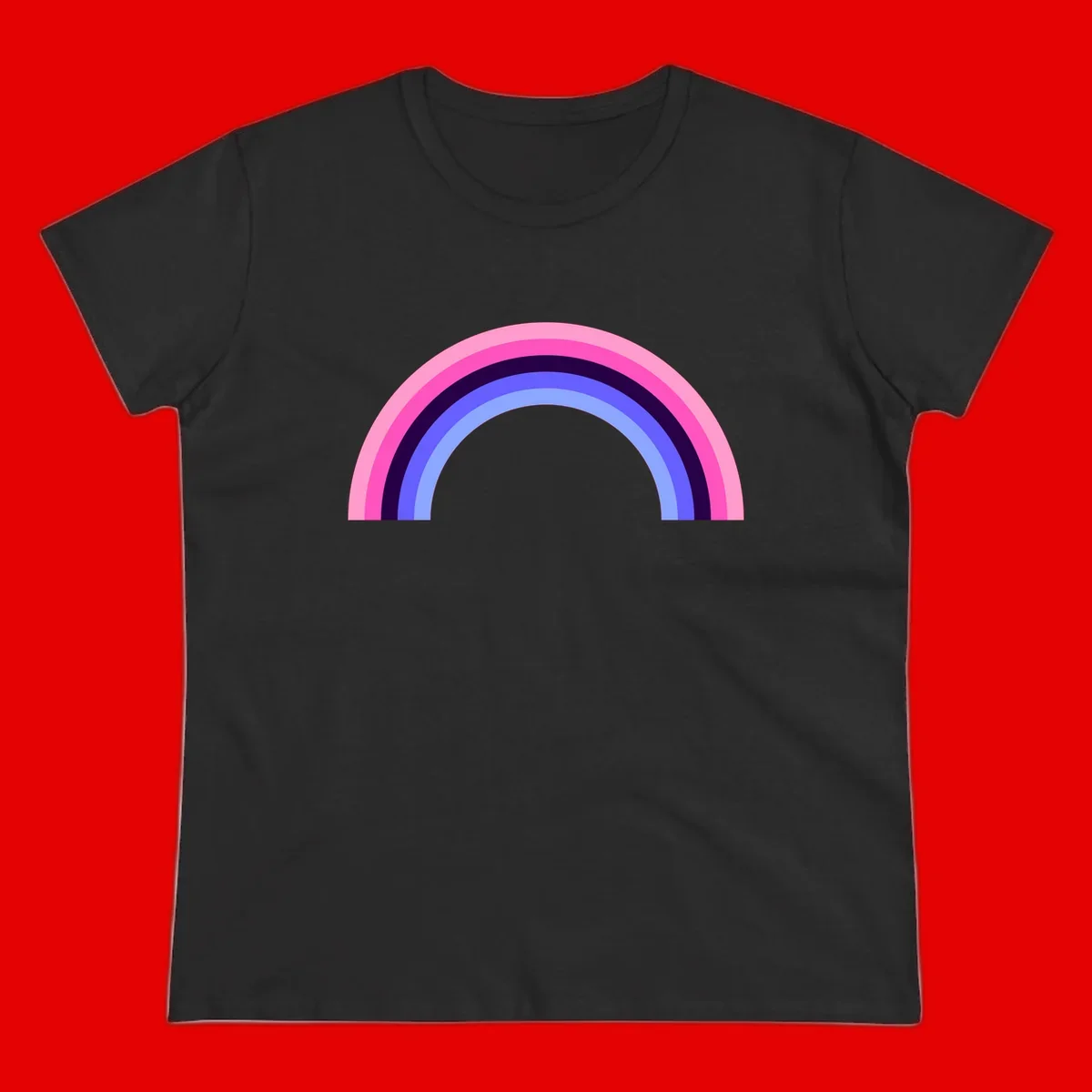 Pastel rainbow arc with five concentric colored stripes in pink, navy, blue and light blue on gray background