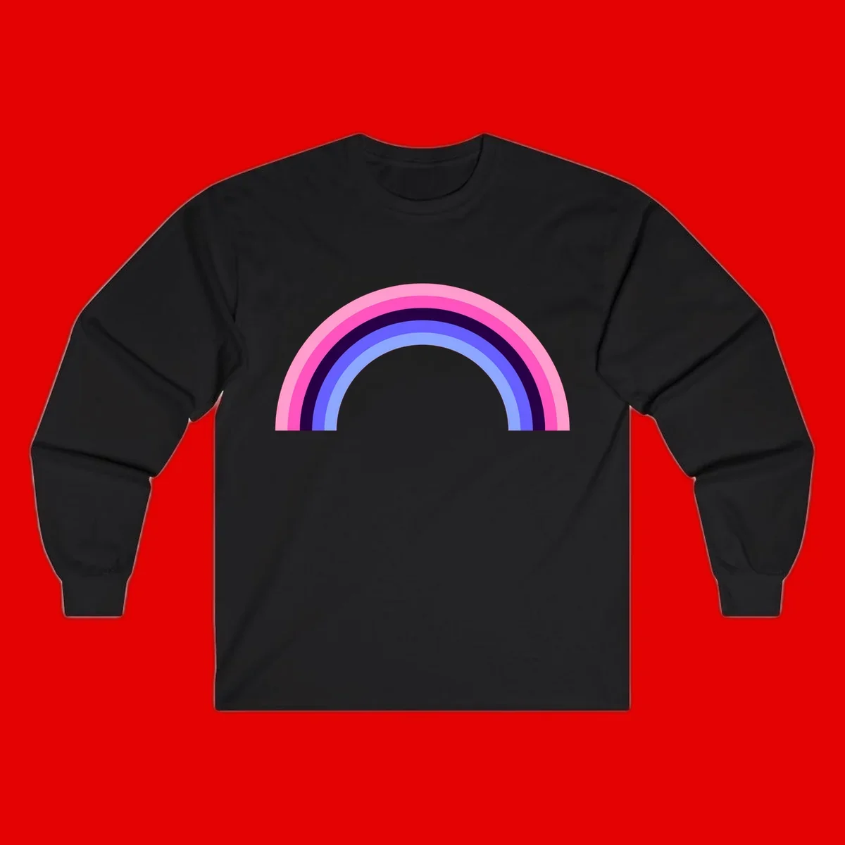 Pastel rainbow arc with five concentric colored stripes in pink, navy, blue and light blue on gray background
