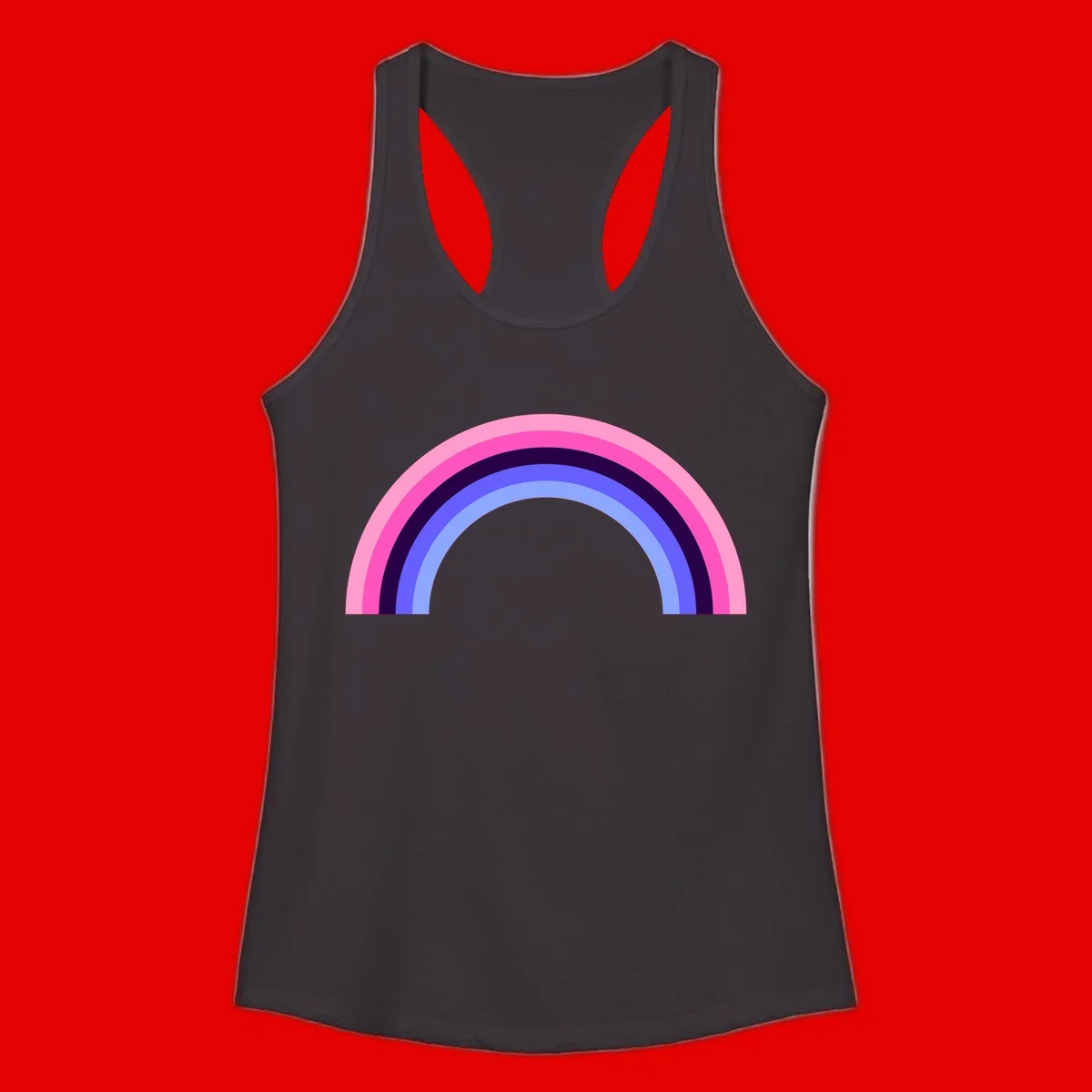 Pastel rainbow arc with five concentric colored stripes in pink, navy, blue and light blue on gray background
