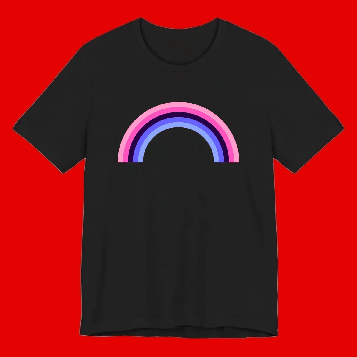 Pastel rainbow arc with five concentric colored stripes in pink, navy, blue and light blue on gray background