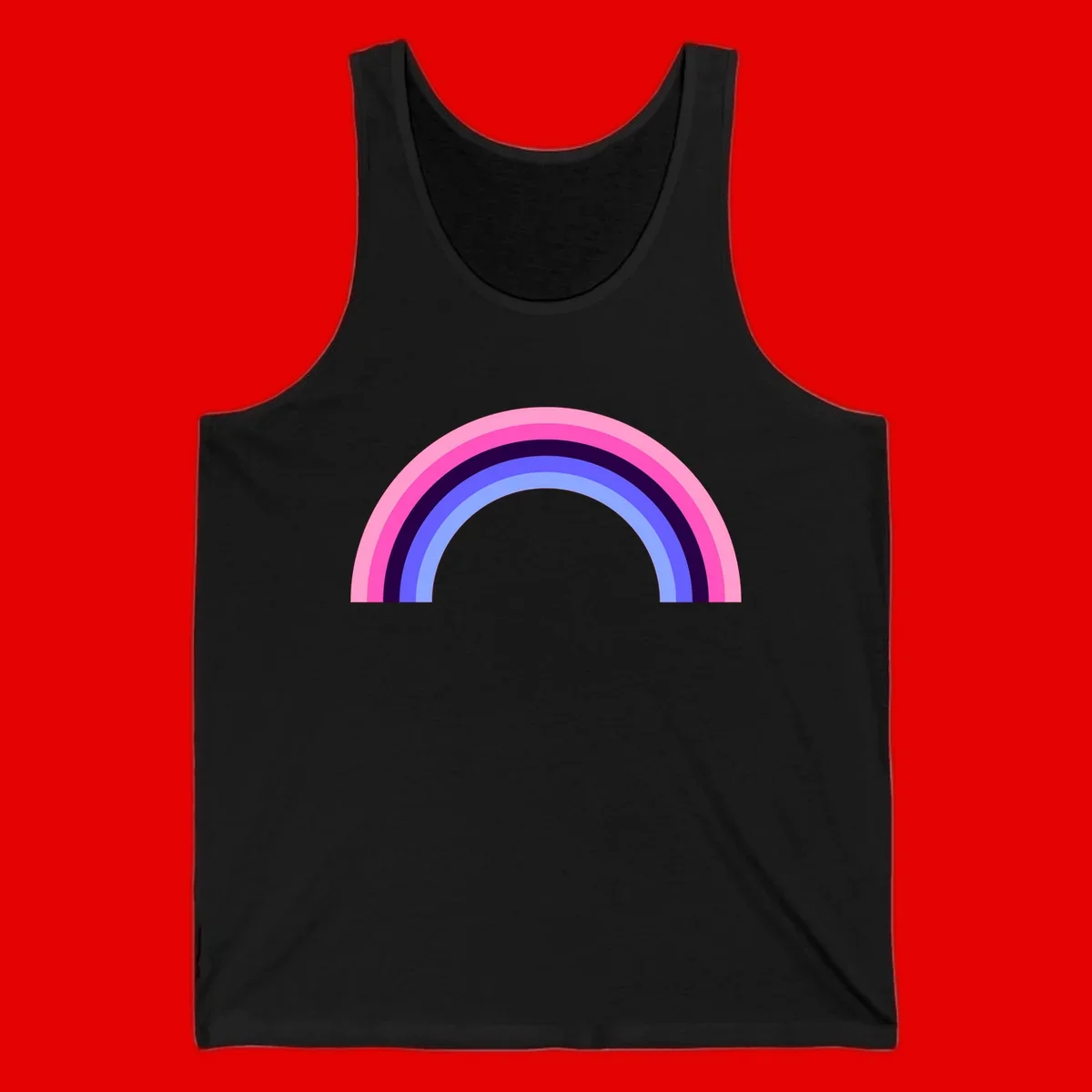 Pastel rainbow arc with five concentric colored stripes in pink, navy, blue and light blue on gray background