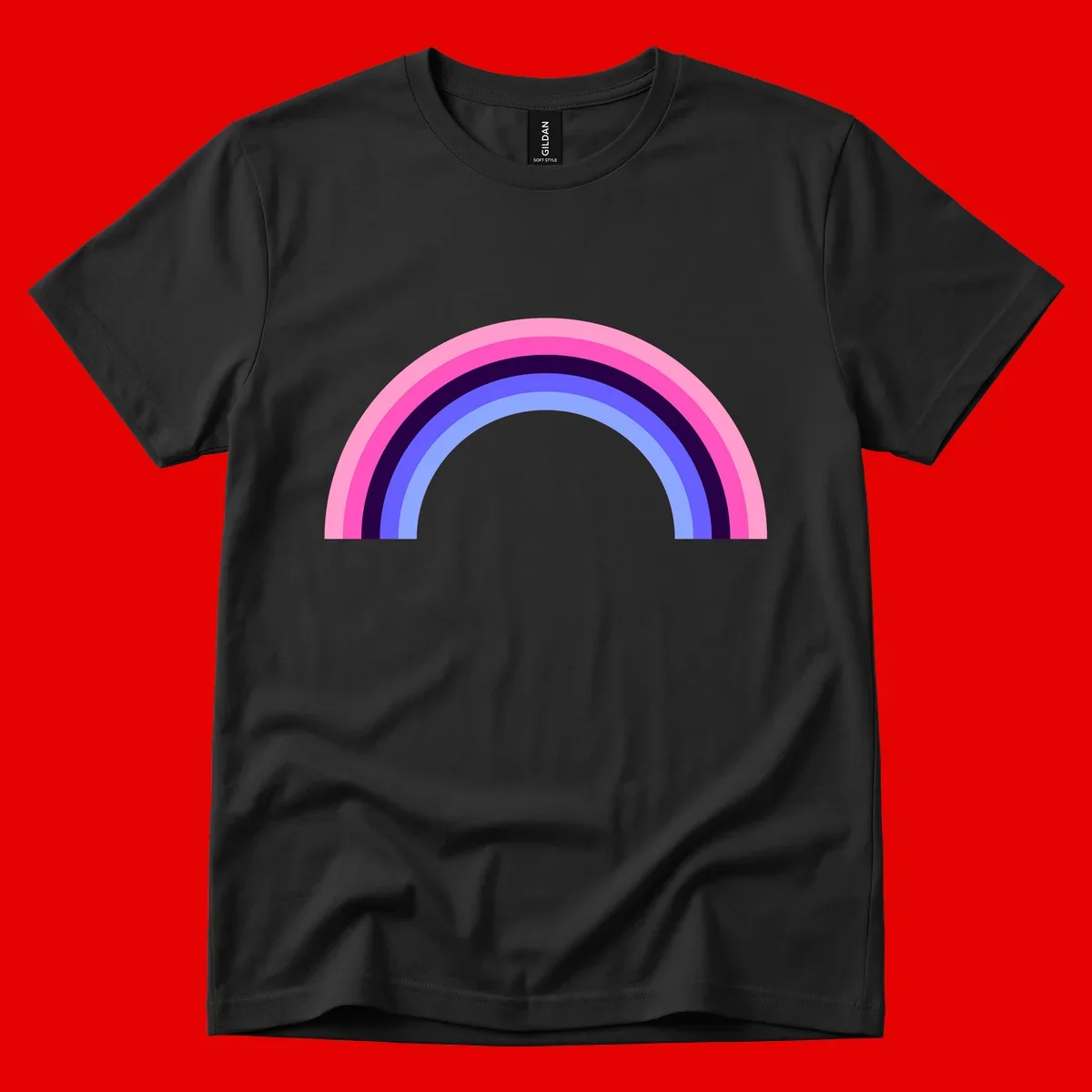 Pastel rainbow arc with five concentric colored stripes in pink, navy, blue and light blue on gray background