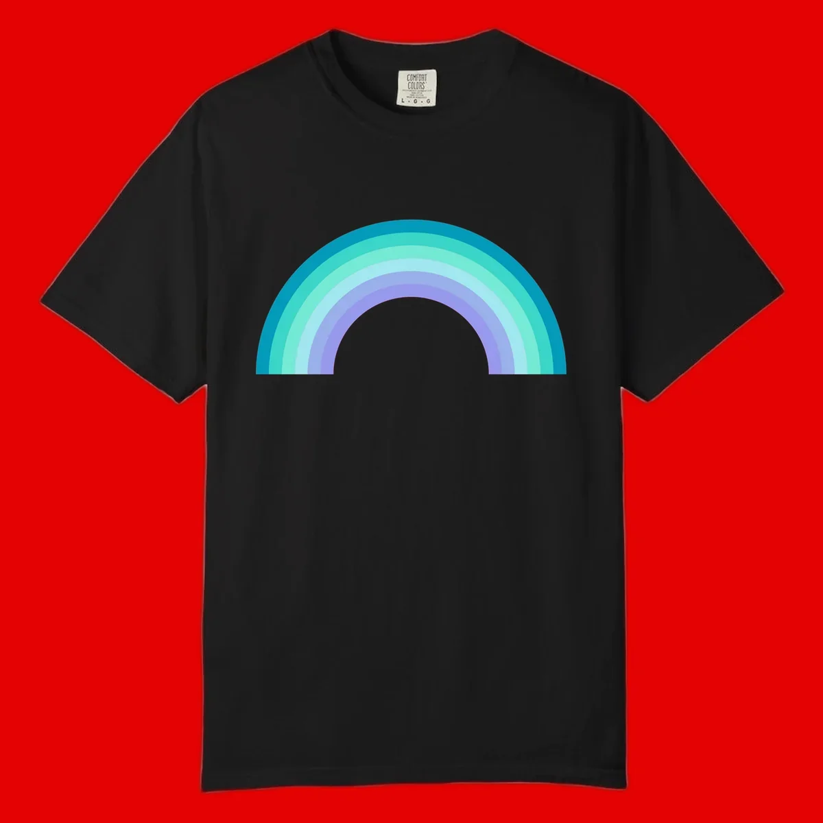 Pastel rainbow arch design featuring concentric semicircular bands in teal, cyan, mint, and lavender gradient colors