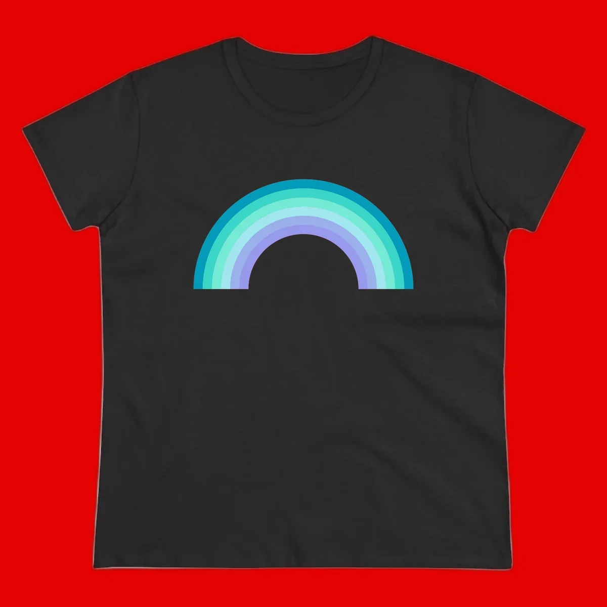 Pastel rainbow arch design featuring concentric semicircular bands in teal, cyan, mint, and lavender gradient colors