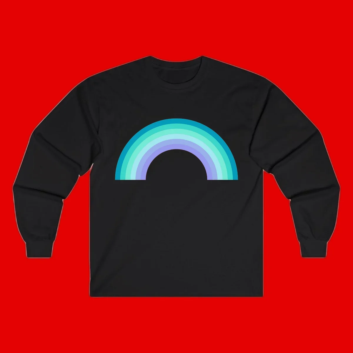 Pastel rainbow arch design featuring concentric semicircular bands in teal, cyan, mint, and lavender gradient colors