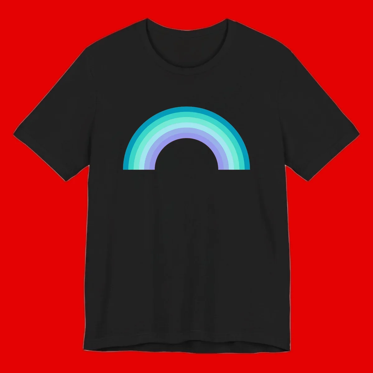 Pastel rainbow arch design featuring concentric semicircular bands in teal, cyan, mint, and lavender gradient colors