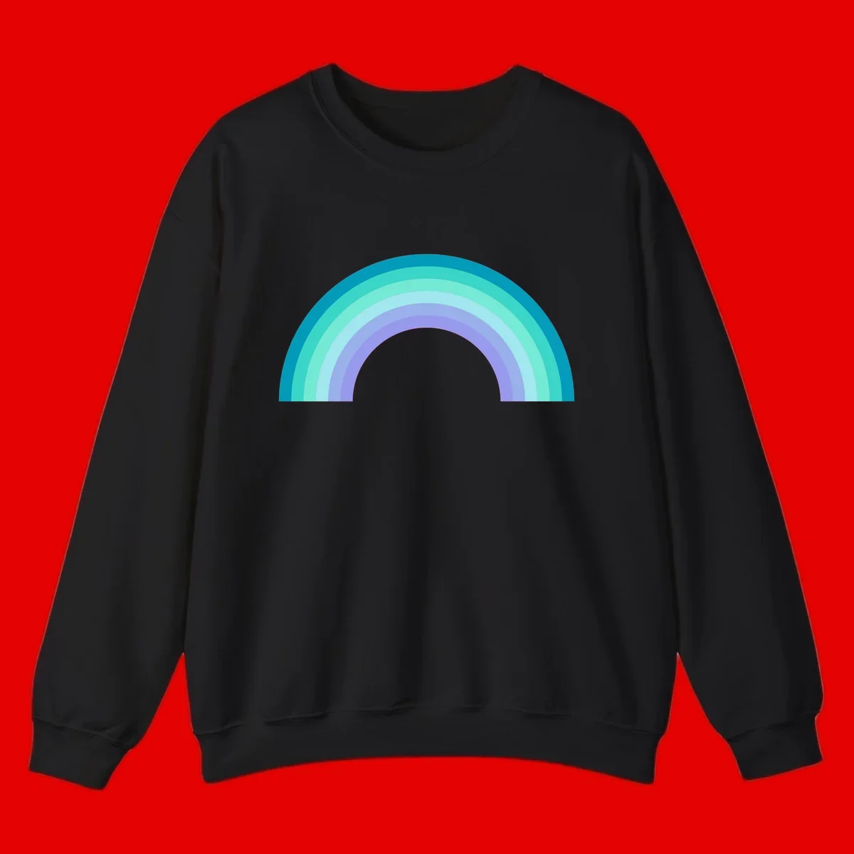 Pastel rainbow arch design featuring concentric semicircular bands in teal, cyan, mint, and lavender gradient colors