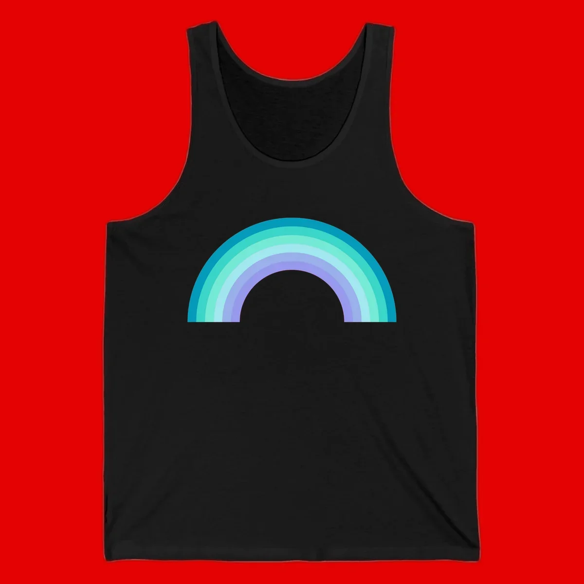 Pastel rainbow arch design featuring concentric semicircular bands in teal, cyan, mint, and lavender gradient colors