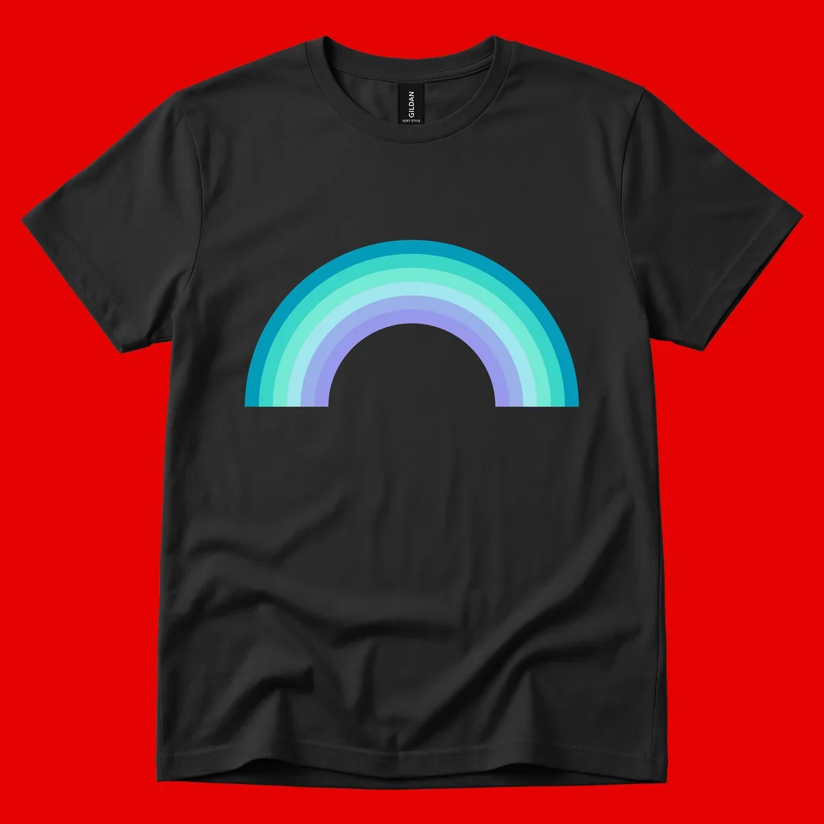 Pastel rainbow arch design featuring concentric semicircular bands in teal, cyan, mint, and lavender gradient colors
