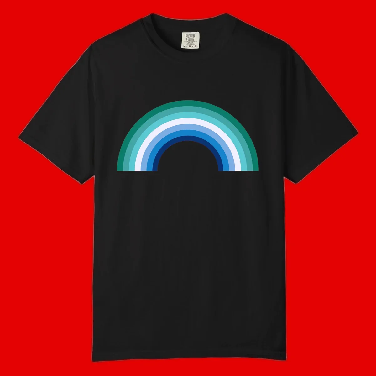 Concentric rainbow arcs design featuring nested semicircles in teal, cyan, white, and blue gradient layers