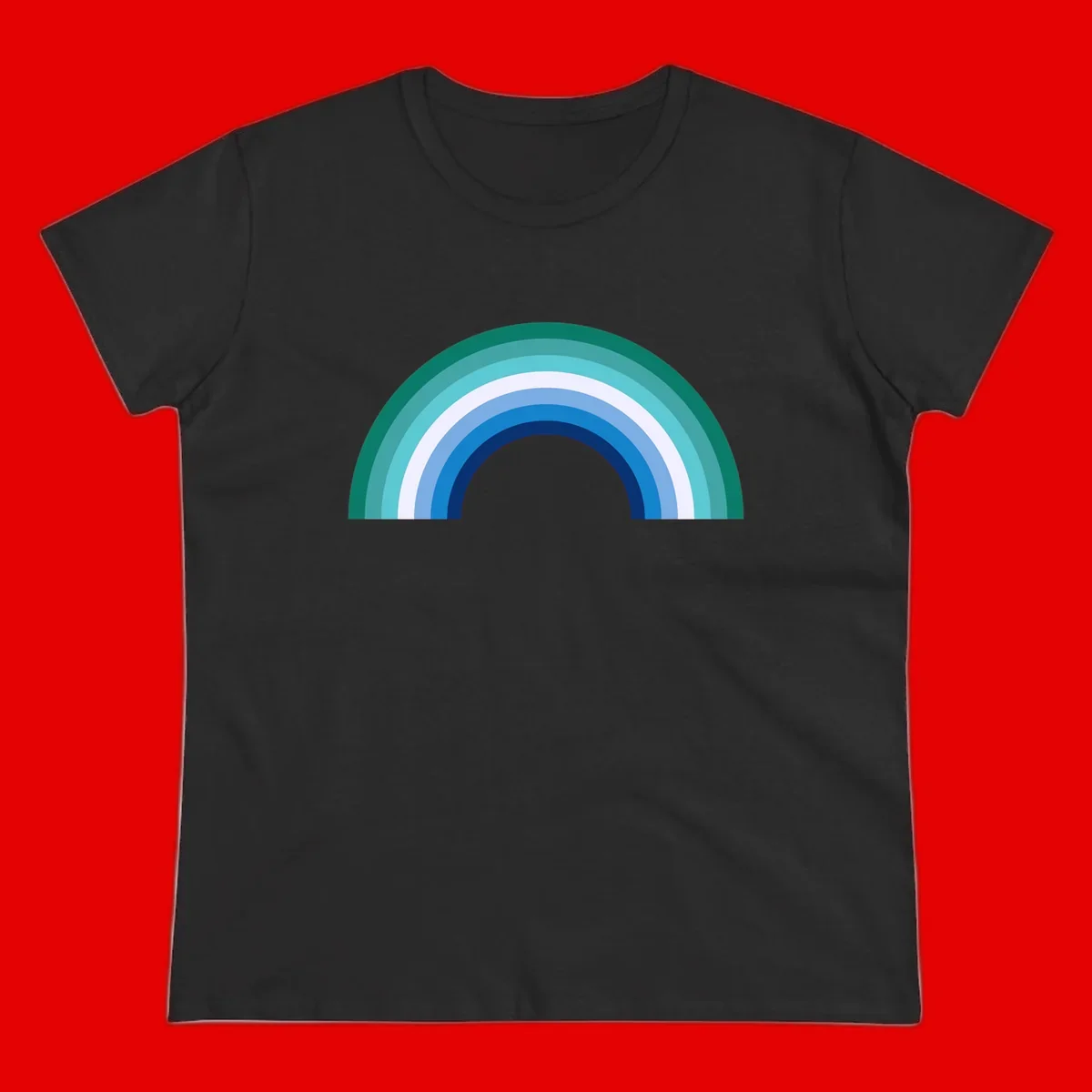 Concentric rainbow arcs design featuring nested semicircles in teal, cyan, white, and blue gradient layers