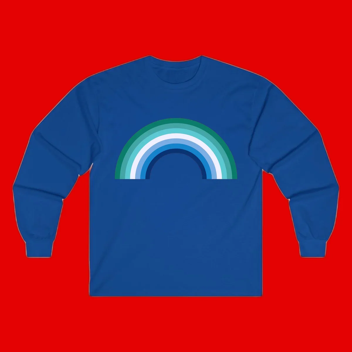 Concentric rainbow arcs design featuring nested semicircles in teal, cyan, white, and blue gradient layers