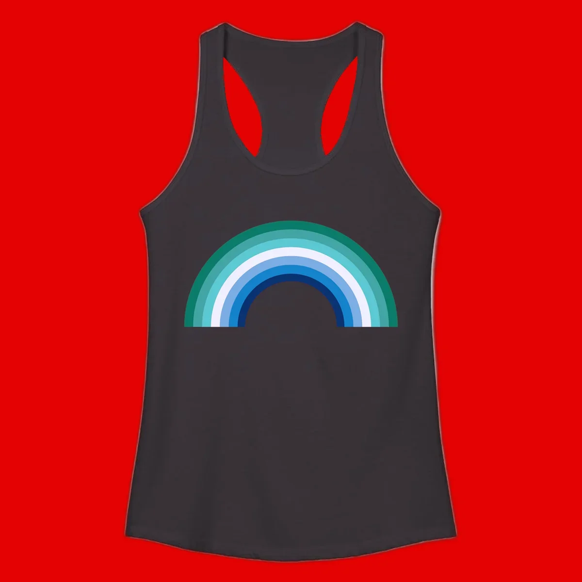 Concentric rainbow arcs design featuring nested semicircles in teal, cyan, white, and blue gradient layers