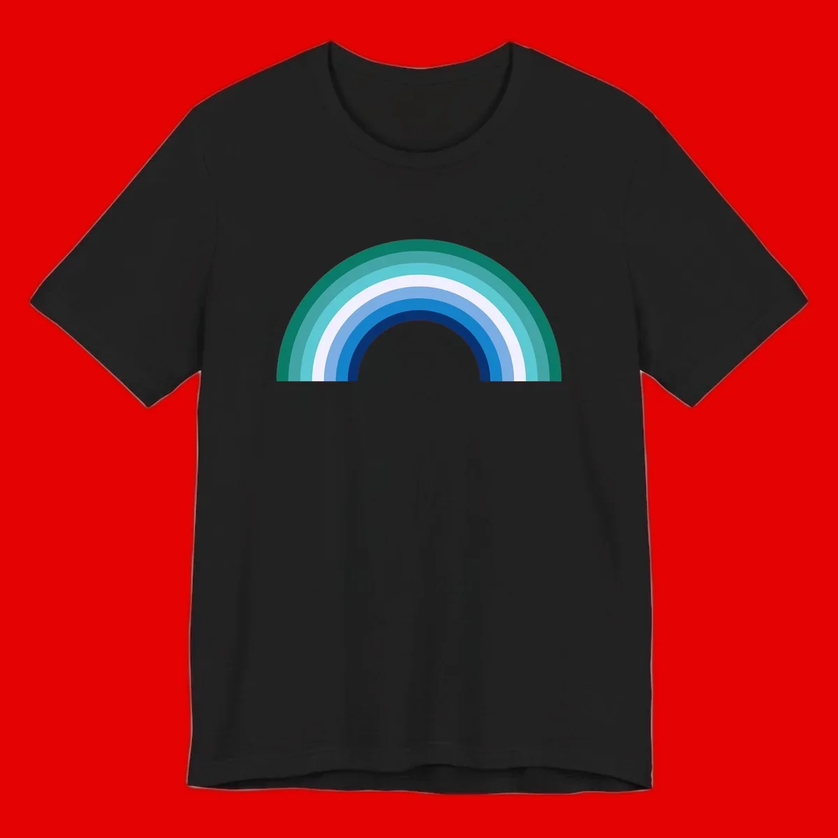Concentric rainbow arcs design featuring nested semicircles in teal, cyan, white, and blue gradient layers
