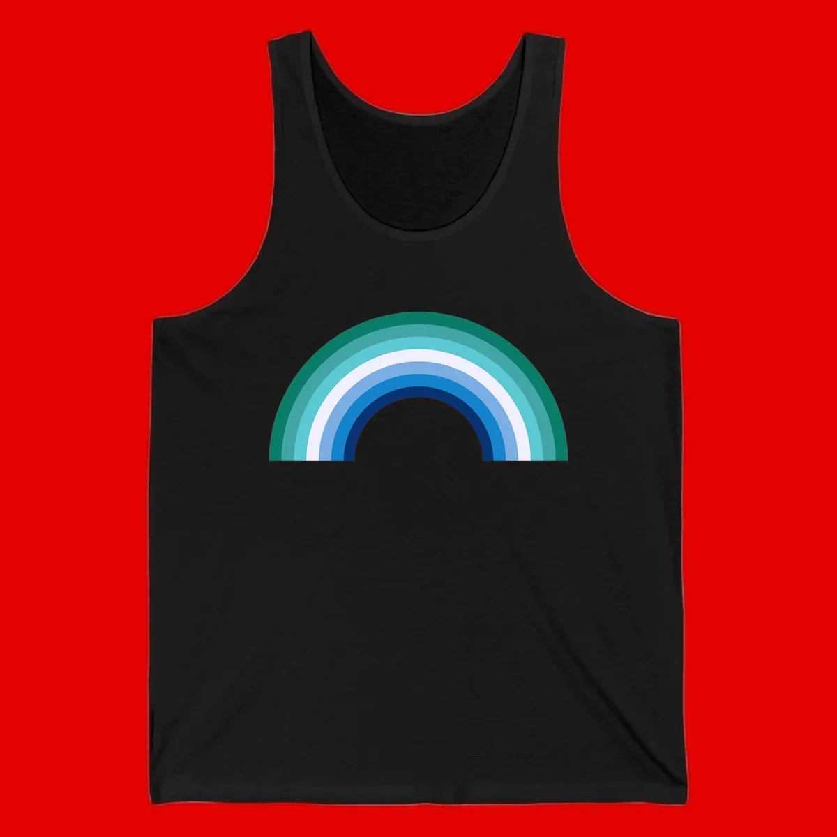 Concentric rainbow arcs design featuring nested semicircles in teal, cyan, white, and blue gradient layers