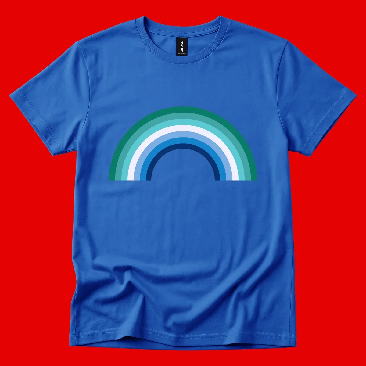 Concentric rainbow arcs design featuring nested semicircles in teal, cyan, white, and blue gradient layers