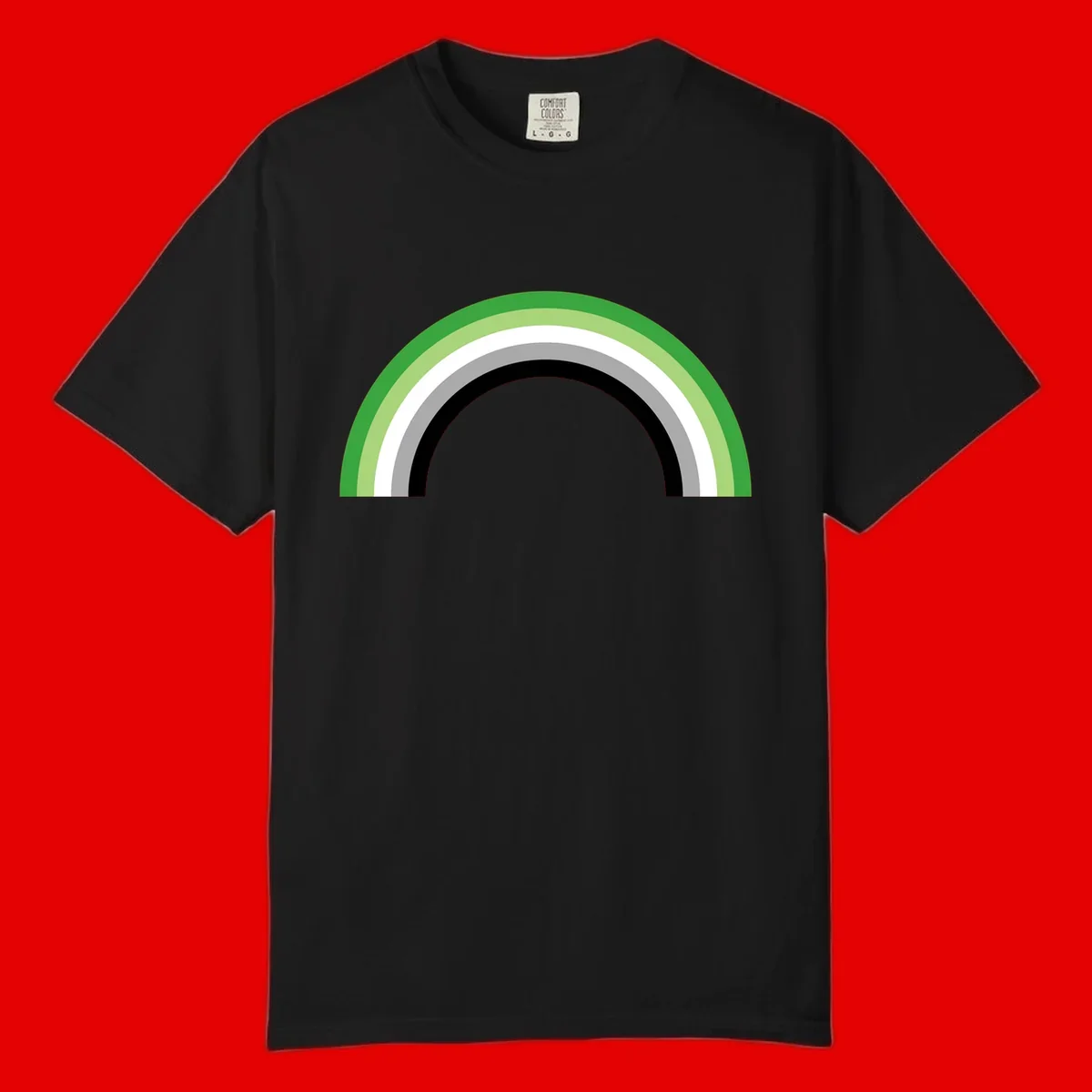 Minimalist rainbow arc design with five concentric colored semicircles in green, light green, white, gray, and black stripes