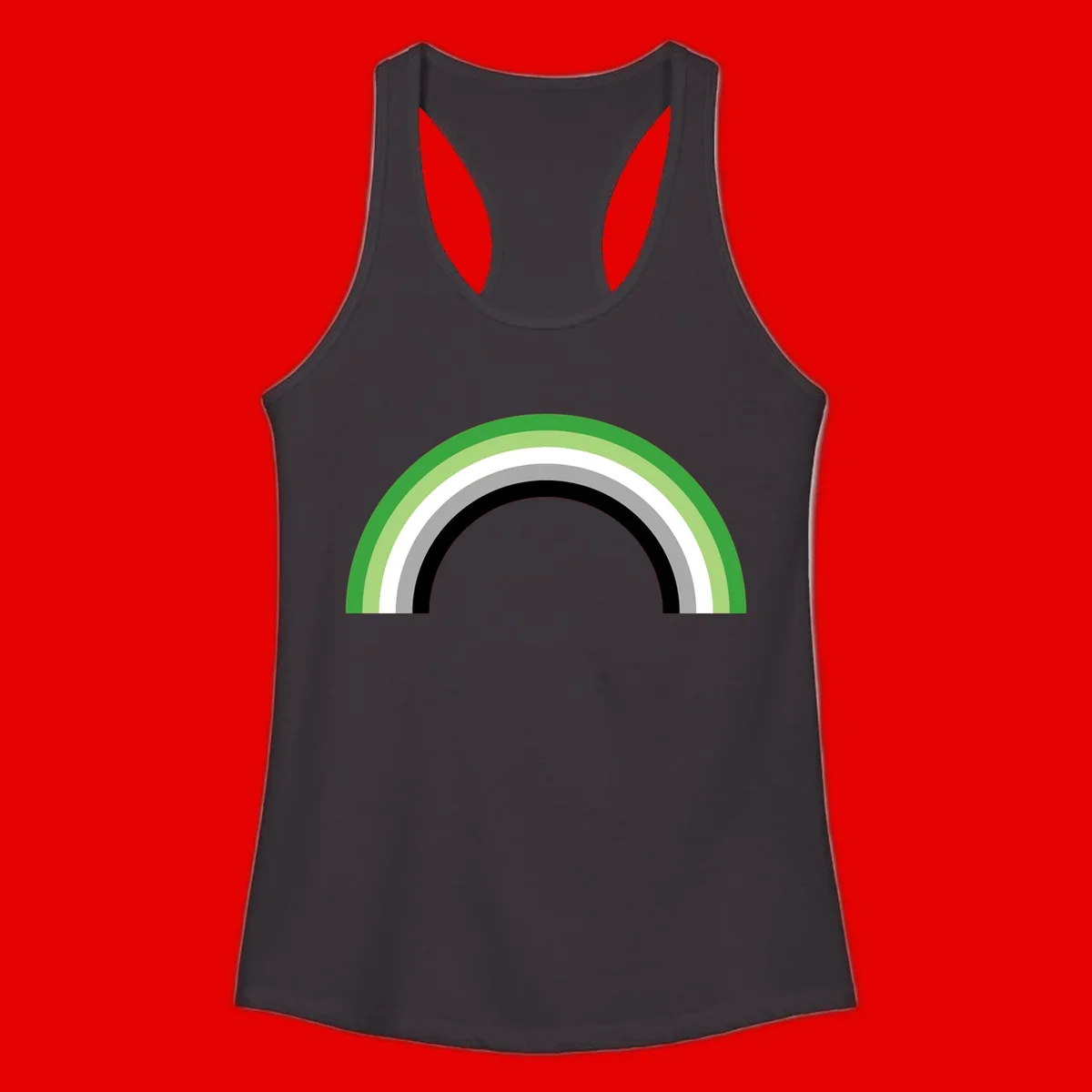 Minimalist rainbow arc design with five concentric colored semicircles in green, light green, white, gray, and black stripes