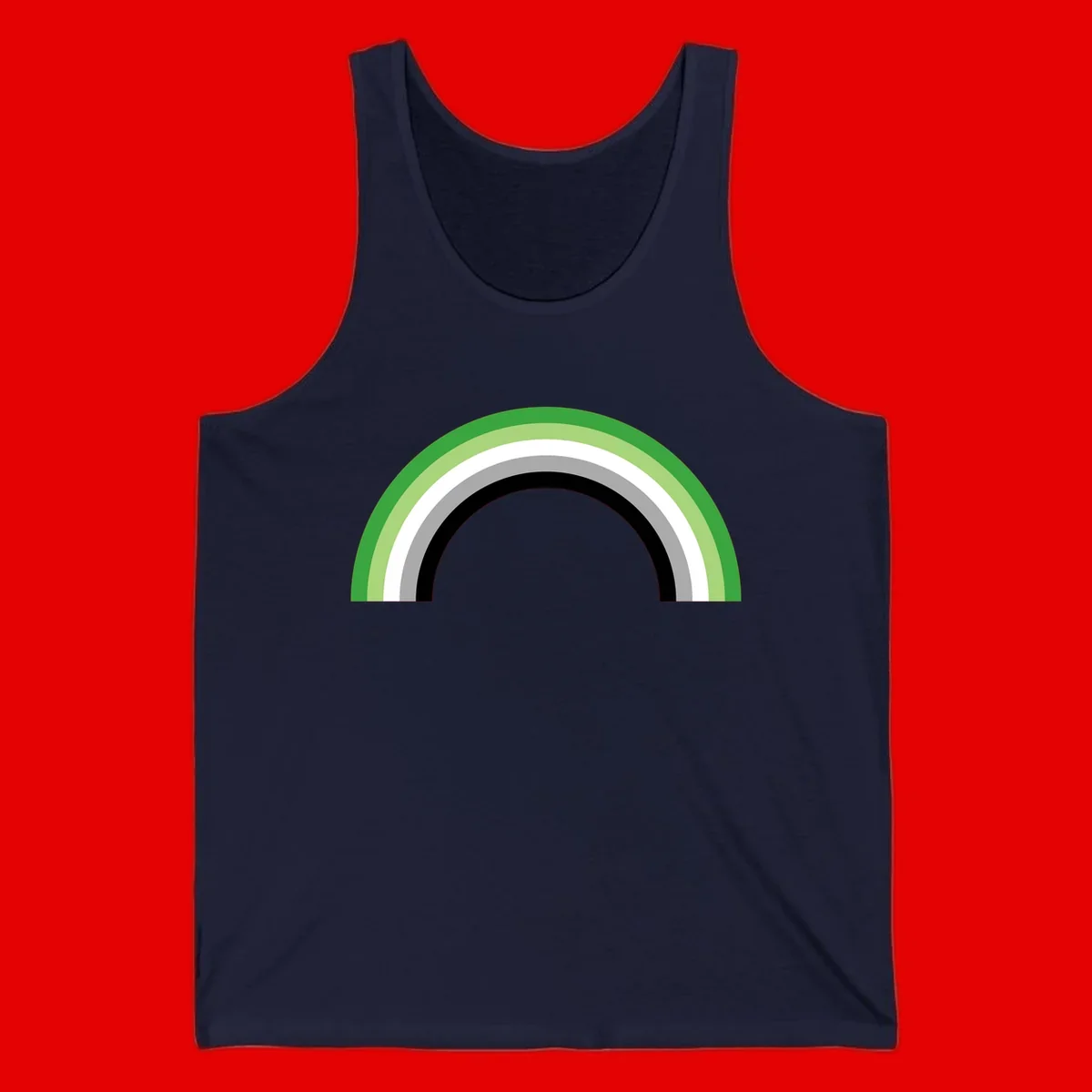 Minimalist rainbow arc design with five concentric colored semicircles in green, light green, white, gray, and black stripes