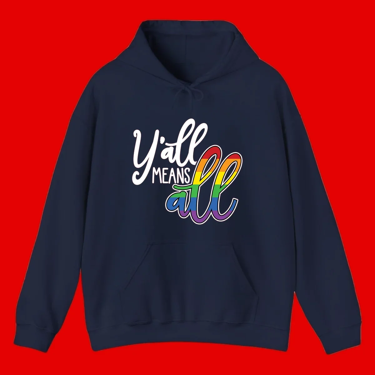 You all Means all Pride design with rainbow cacti featuring red, orange, yellow, green, blue, and purple stripes on gray background