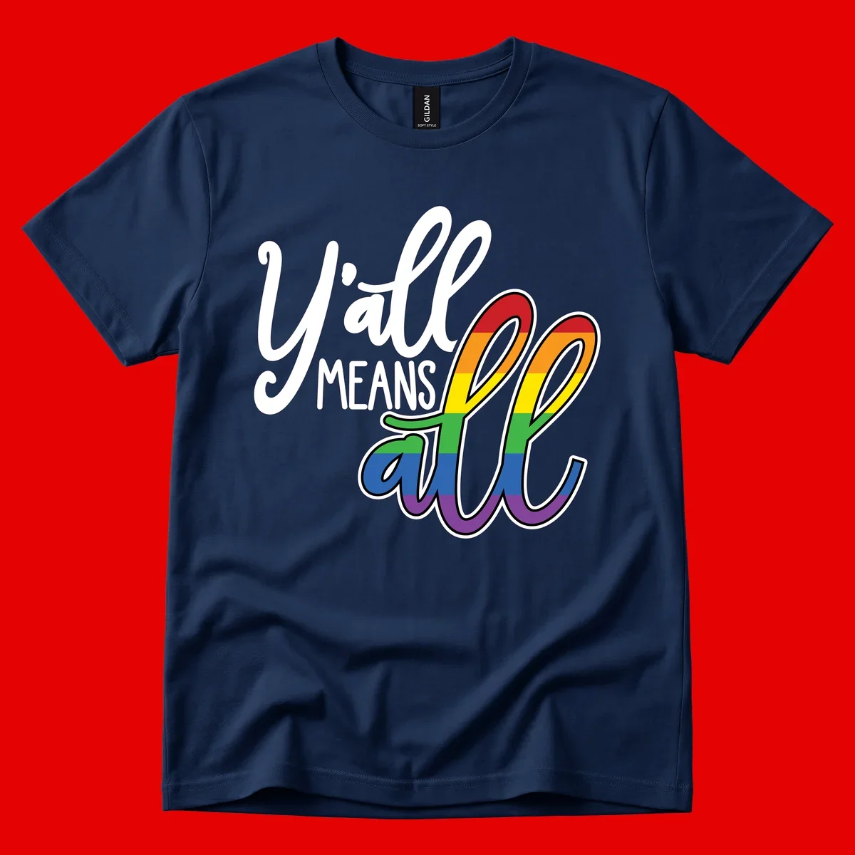 You all Means all Pride design with rainbow cacti featuring red, orange, yellow, green, blue, and purple stripes on gray background