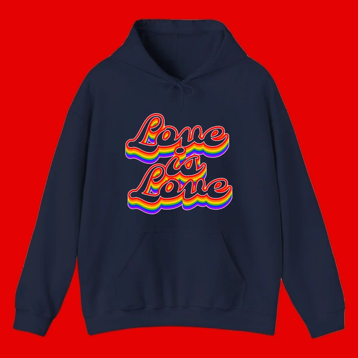 Love is Love rainbow Pride design with layered multicolor text and white outlines on gray background