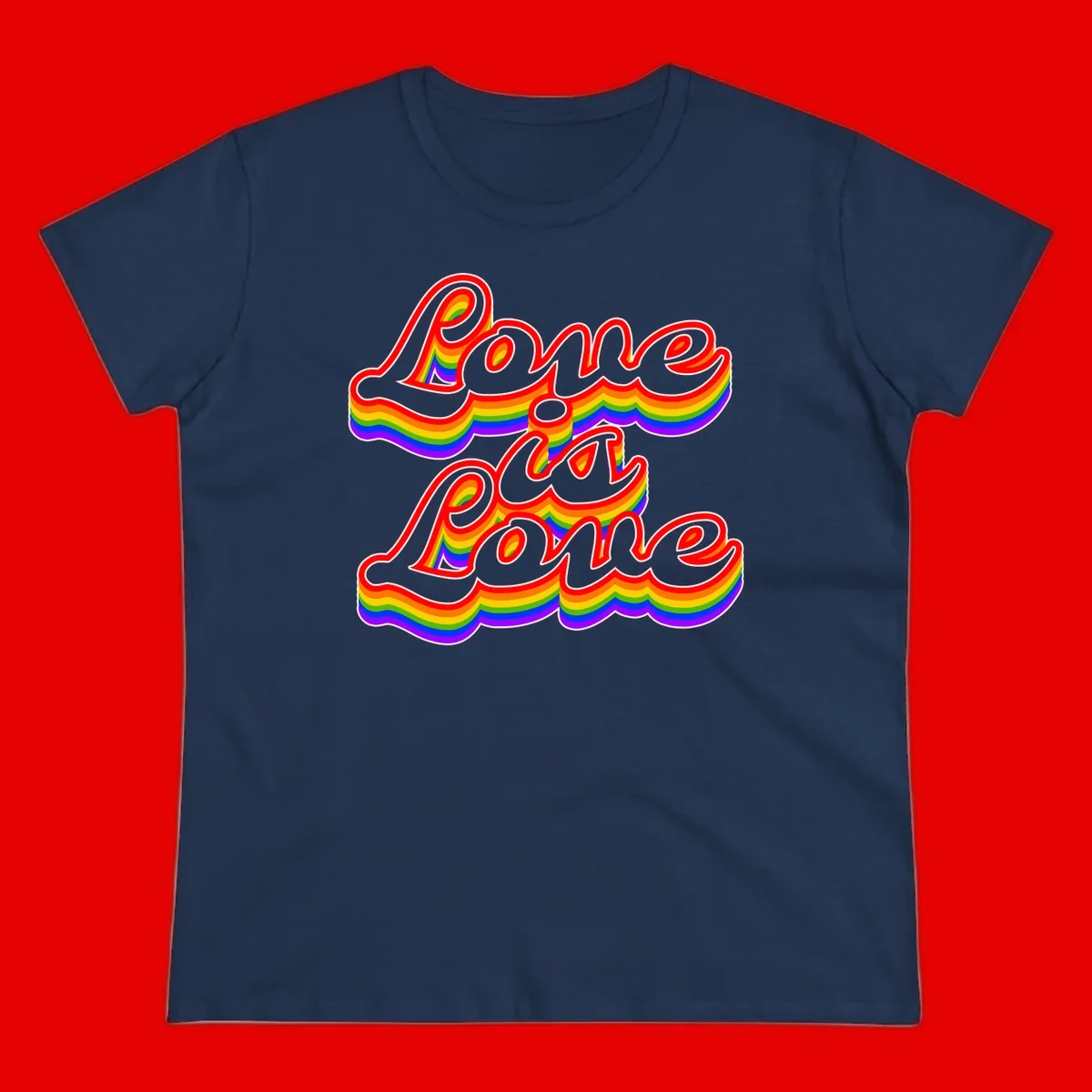 Love is Love rainbow Pride design with layered multicolor text and white outlines on gray background