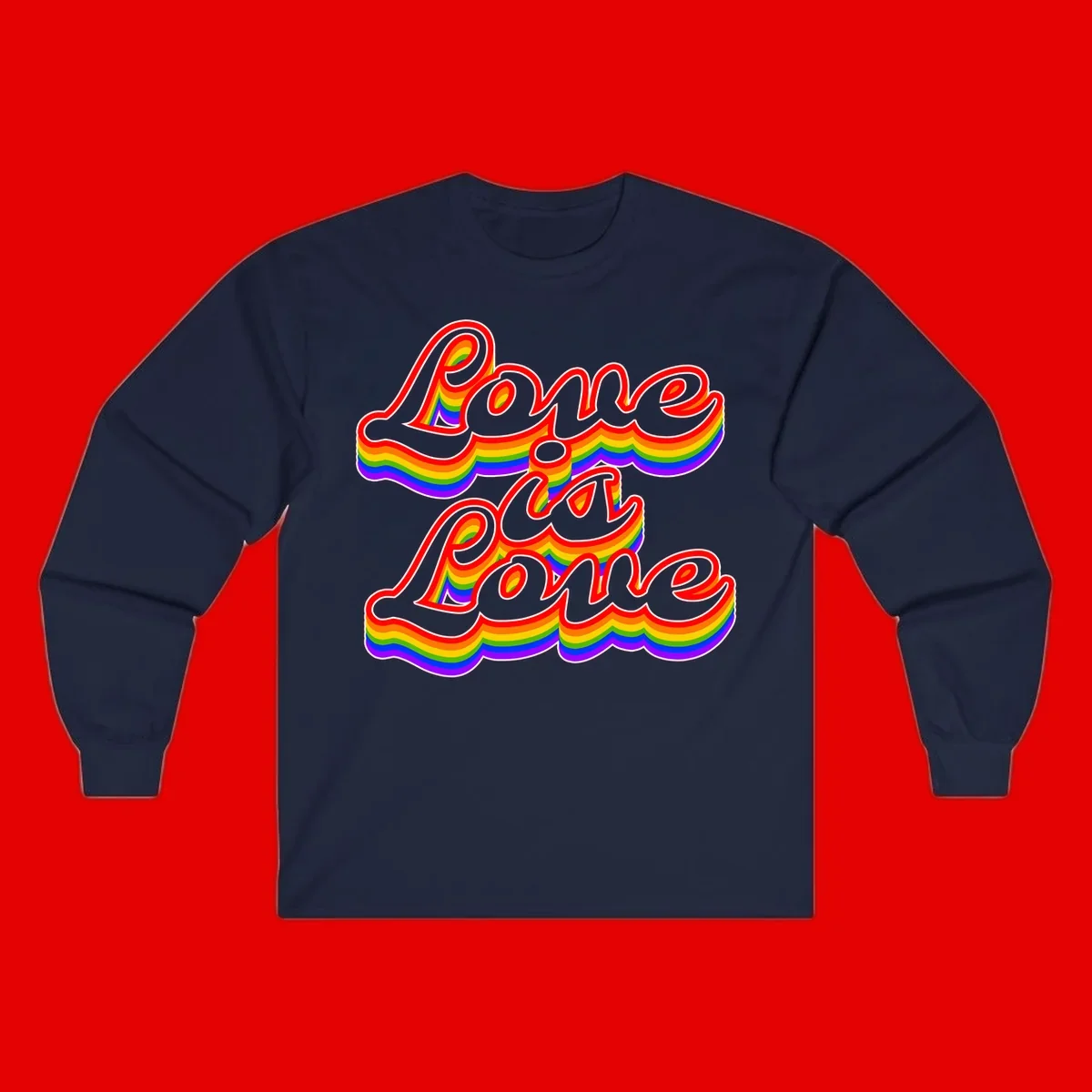 Love is Love rainbow Pride design with layered multicolor text and white outlines on gray background