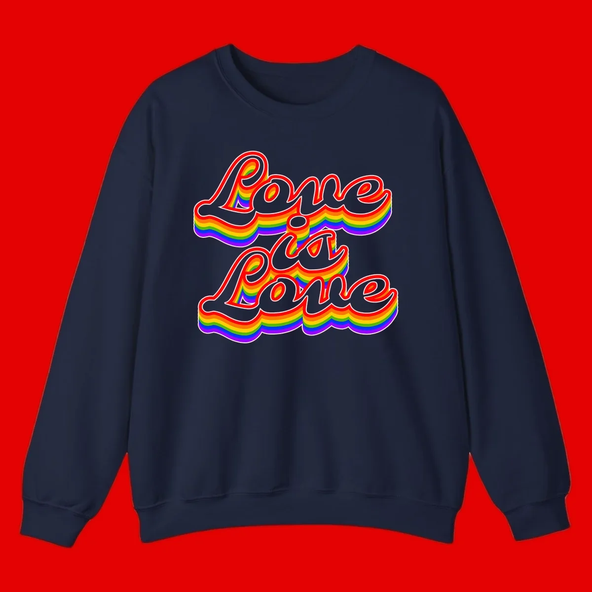 Love is Love rainbow Pride design with layered multicolor text and white outlines on gray background