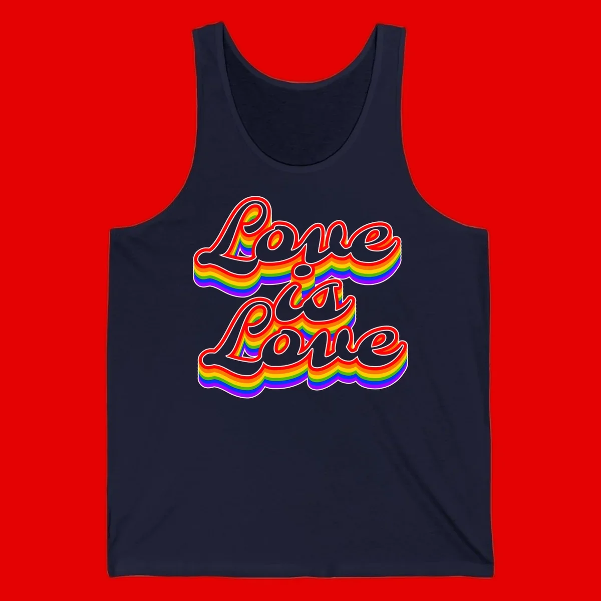 Love is Love rainbow Pride design with layered multicolor text and white outlines on gray background