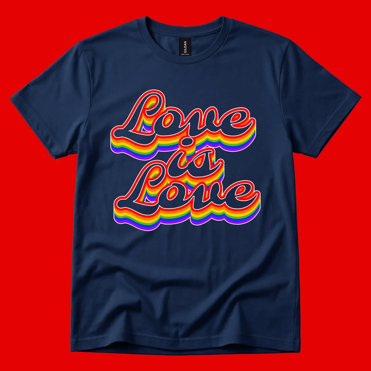 Love is Love rainbow Pride design with layered multicolor text and white outlines on gray background