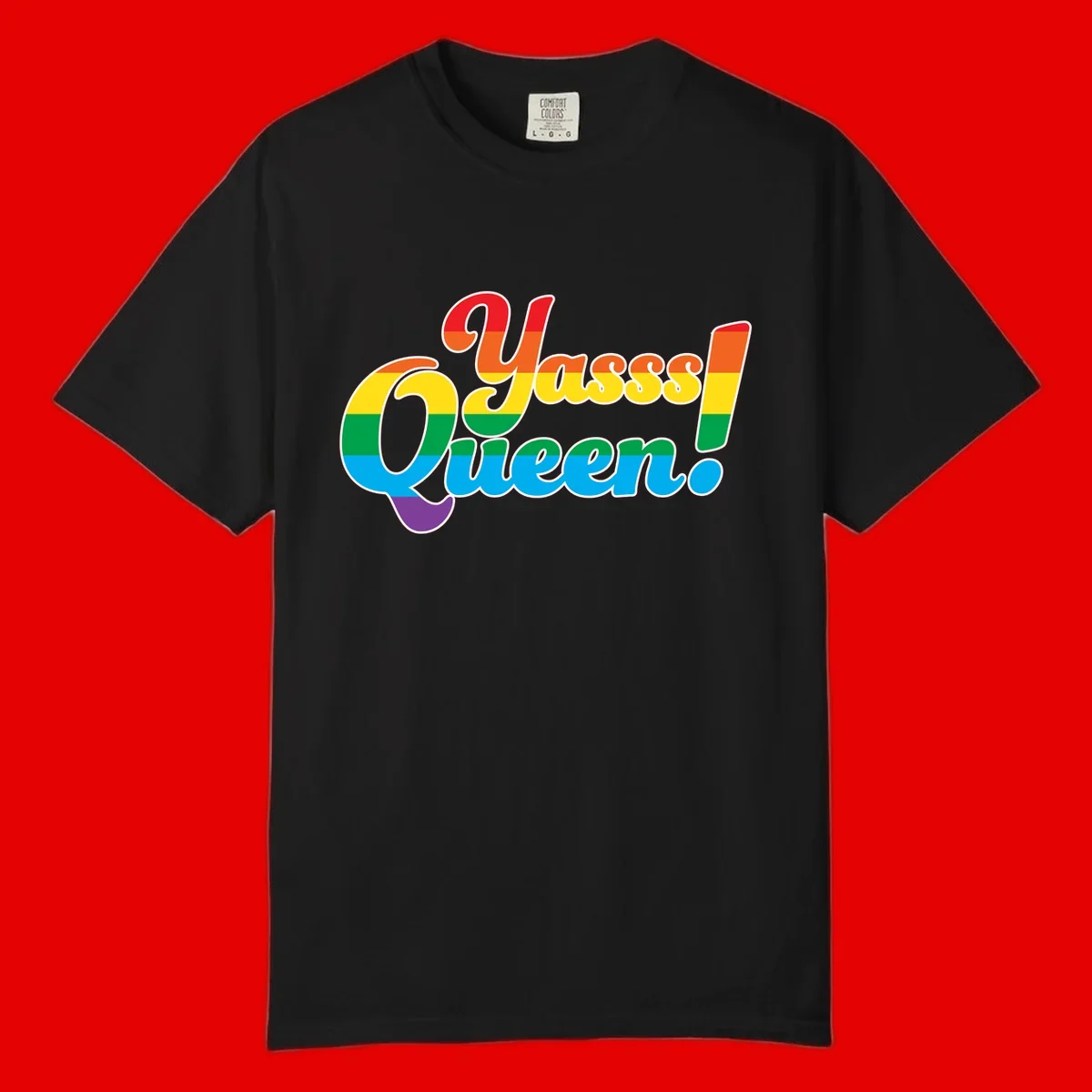 Rainbow pride flag striped text reading 'Unapologetically Queer!' with bold white outline on gray background