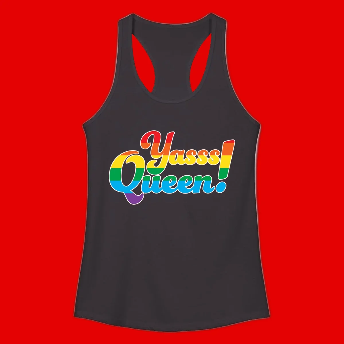 Rainbow pride flag striped text reading 'Unapologetically Queer!' with bold white outline on gray background