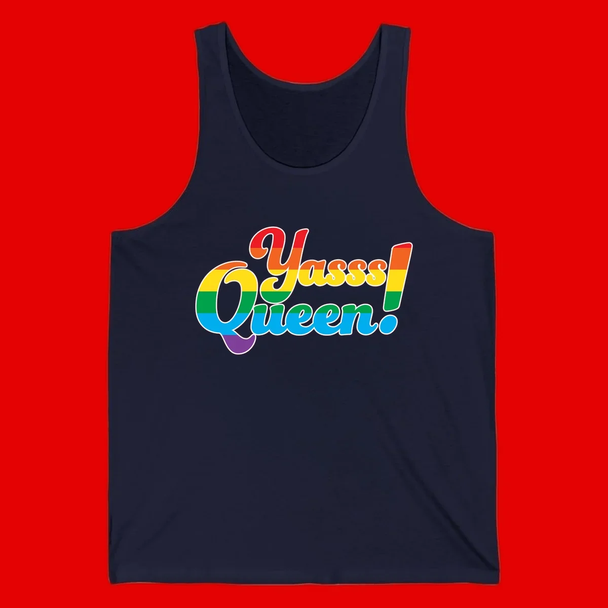 Rainbow pride flag striped text reading 'Unapologetically Queer!' with bold white outline on gray background