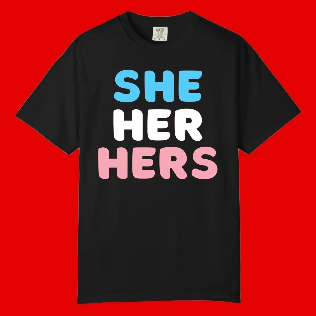 Bold three-line text design reading 'SHE HER HERS' in cyan, white, and pink colors representing she-her-hers pronouns