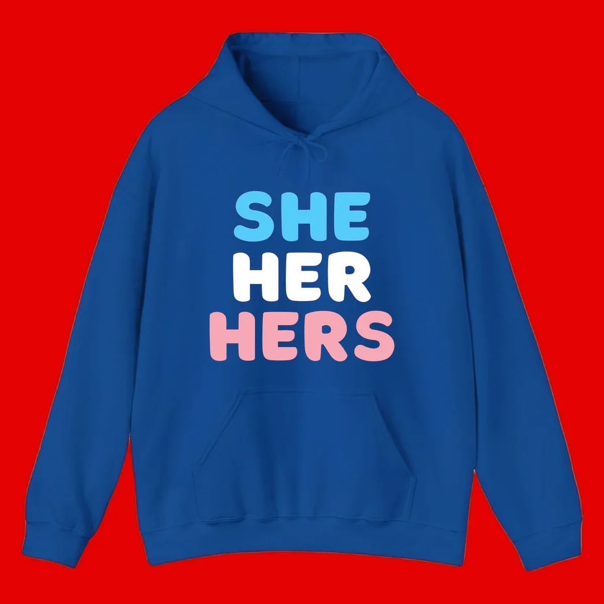 Bold three-line text design reading 'SHE HER HERS' in cyan, white, and pink colors representing she-her-hers pronouns