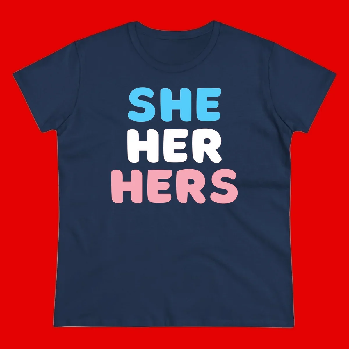 Bold three-line text design reading 'SHE HER HERS' in cyan, white, and pink colors representing she-her-hers pronouns