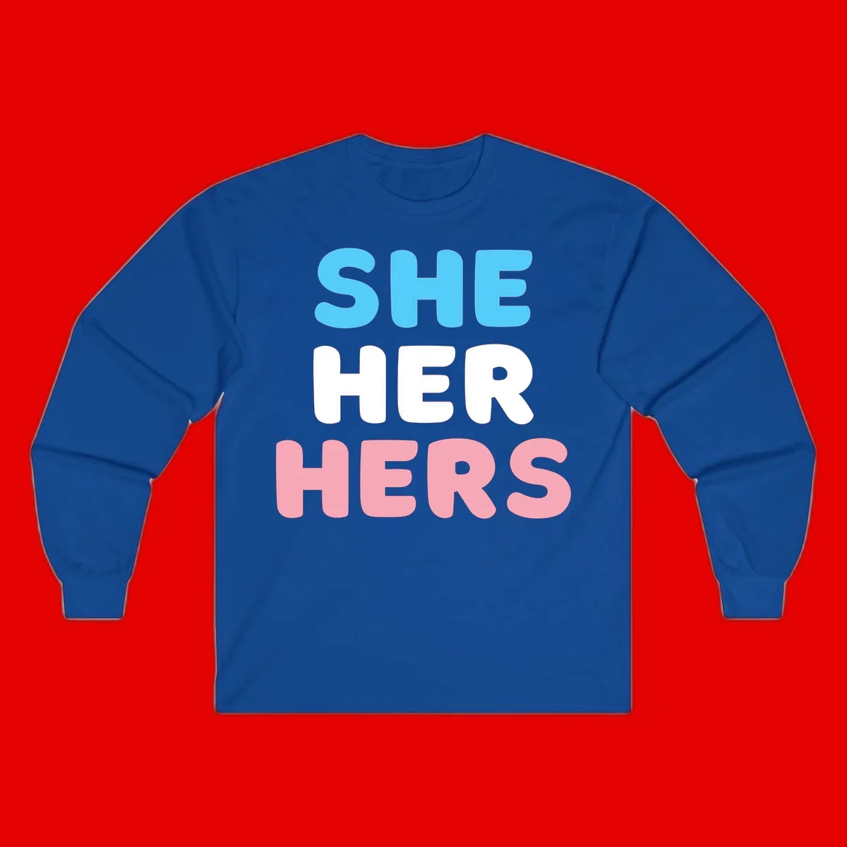 Bold three-line text design reading 'SHE HER HERS' in cyan, white, and pink colors representing she-her-hers pronouns