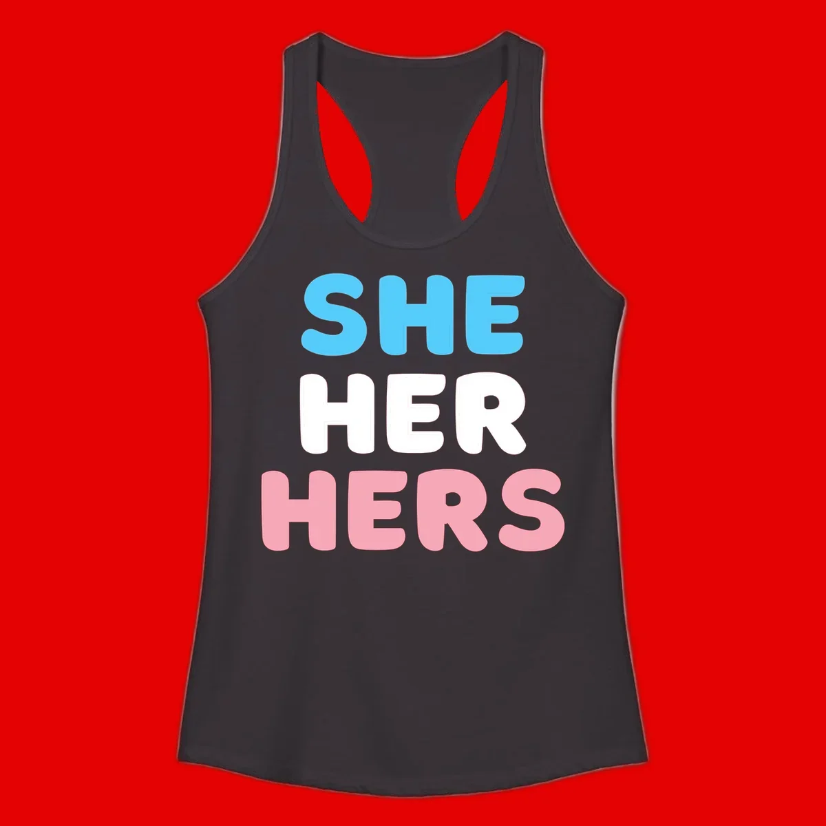 Bold three-line text design reading 'SHE HER HERS' in cyan, white, and pink colors representing she-her-hers pronouns