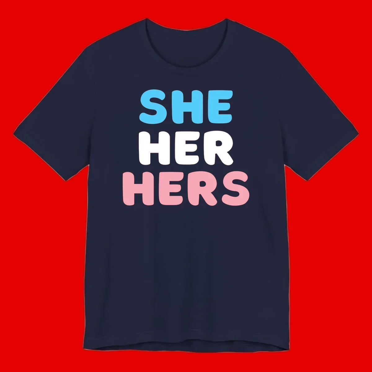 Bold three-line text design reading 'SHE HER HERS' in cyan, white, and pink colors representing she-her-hers pronouns