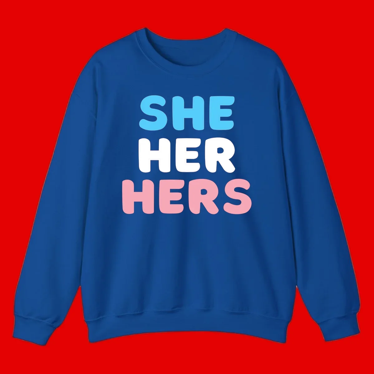 Bold three-line text design reading 'SHE HER HERS' in cyan, white, and pink colors representing she-her-hers pronouns