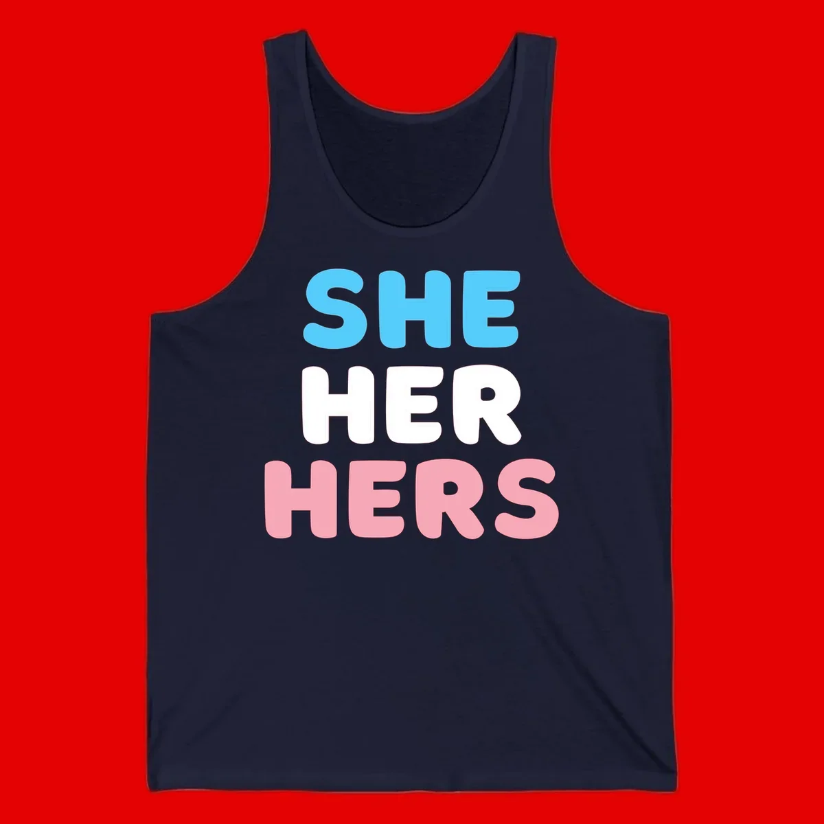 Bold three-line text design reading 'SHE HER HERS' in cyan, white, and pink colors representing she-her-hers pronouns