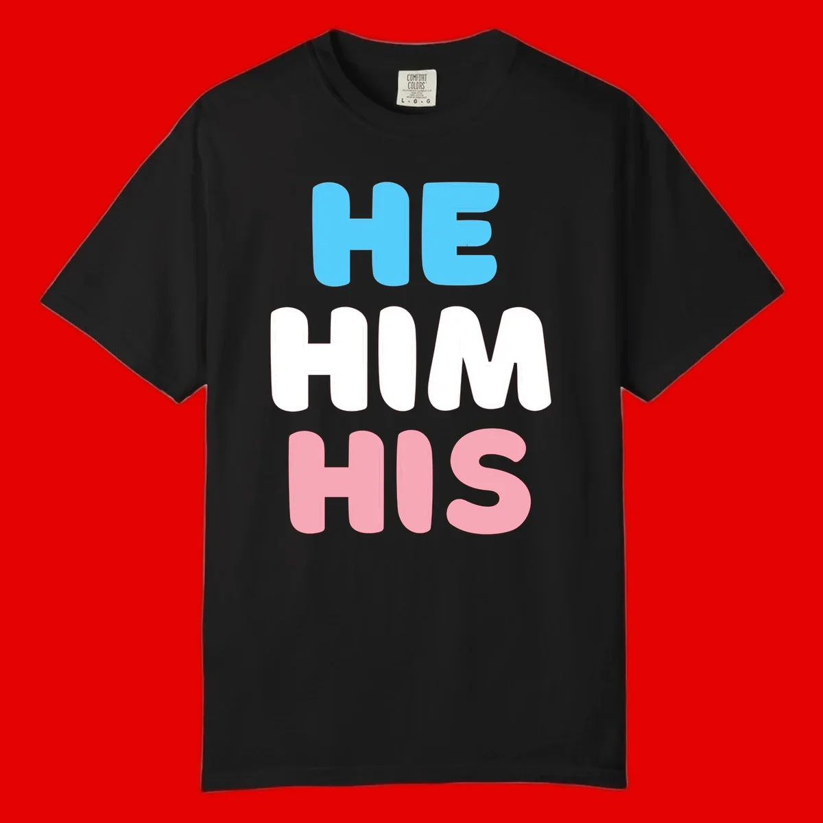 Stacked typography design with HE in cyan, HIM in white, and HIS in pink displaying he/him/his pronouns