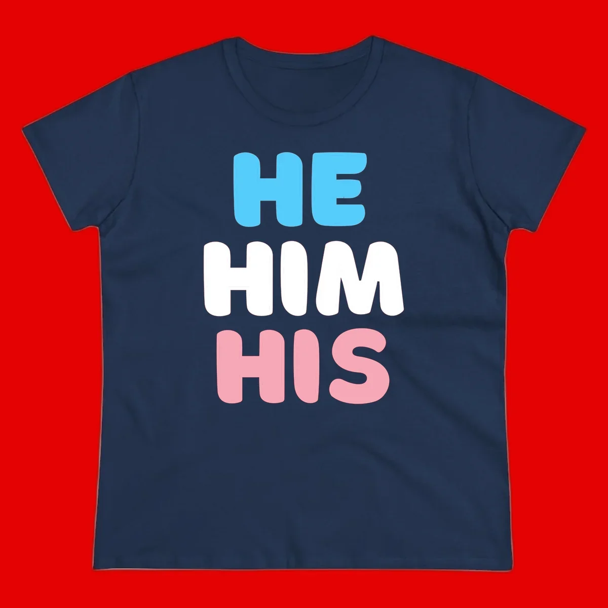 Stacked typography design with HE in cyan, HIM in white, and HIS in pink displaying he/him/his pronouns
