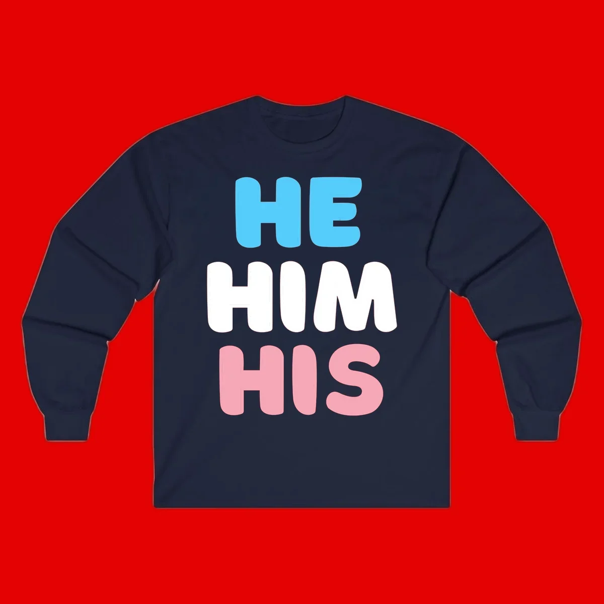 Stacked typography design with HE in cyan, HIM in white, and HIS in pink displaying he/him/his pronouns