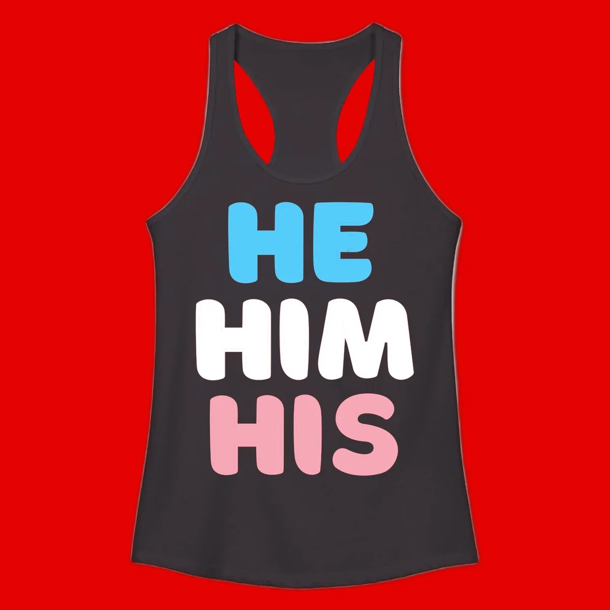 Stacked typography design with HE in cyan, HIM in white, and HIS in pink displaying he/him/his pronouns
